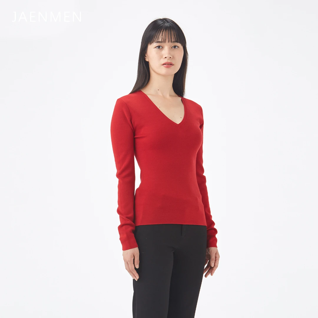 简单人女【SIROI】【全羊毛】双色超性感修身显身材深V领长袖针织衫