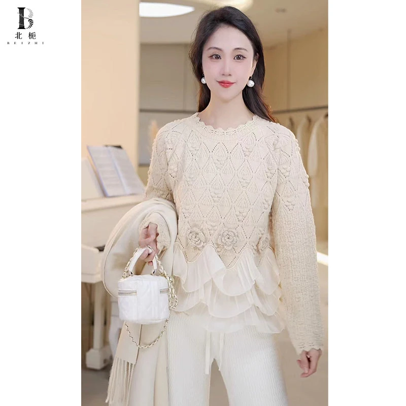 【北栀】花朵网纱套头毛衣810973