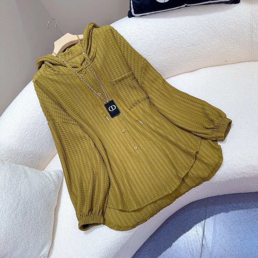 2024新款洋气连帽衬衫开衫款轻奢风休闲宽松显瘦中长款衬衣