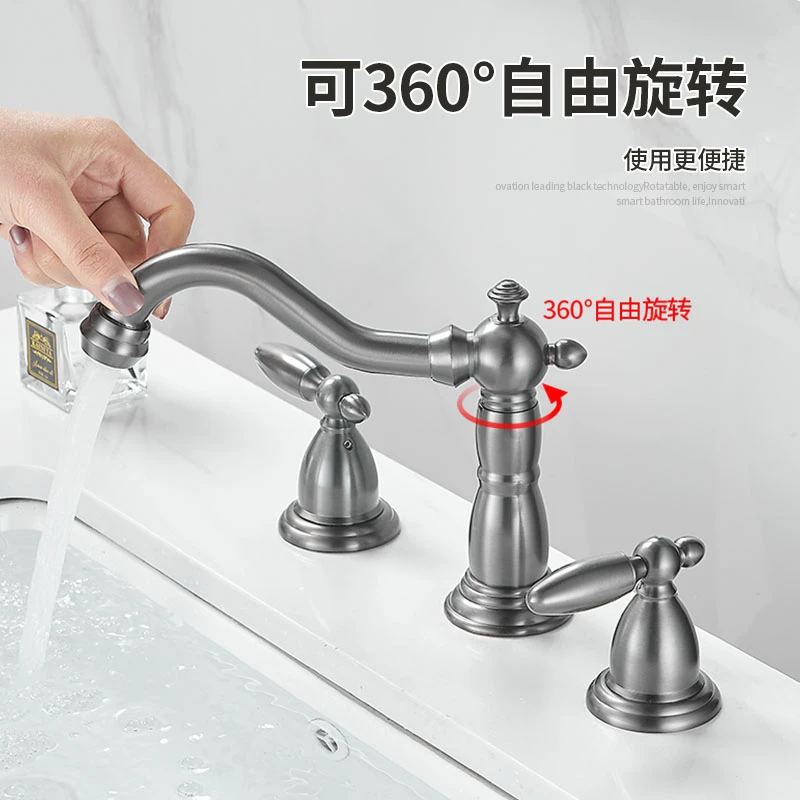 全铜欧式双孔面盆冷热水龙头台盆双把分体式三孔洗手洗脸盆三件套