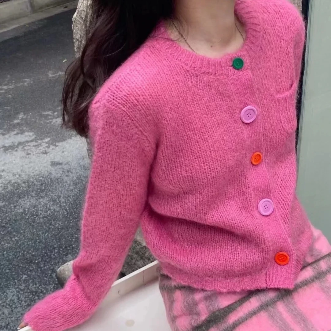 秋冬毛衣韩版圆领排扣女装百搭气质羊毛衫宽松开衫时尚秋季女长袖