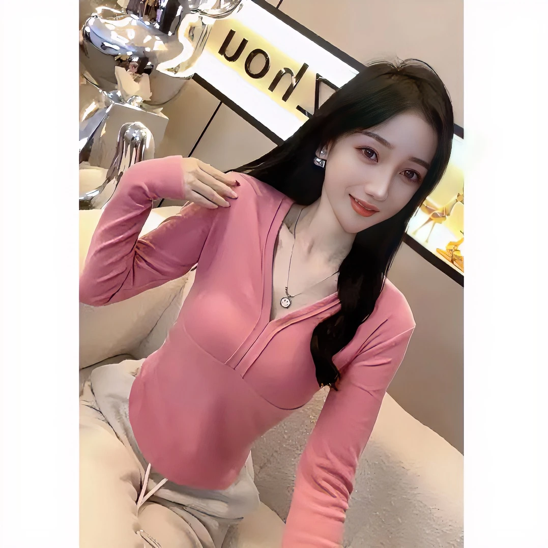 秋冬新款v领德绒短款打底衫保暖修身甜美洋气时尚显瘦打底长袖t恤