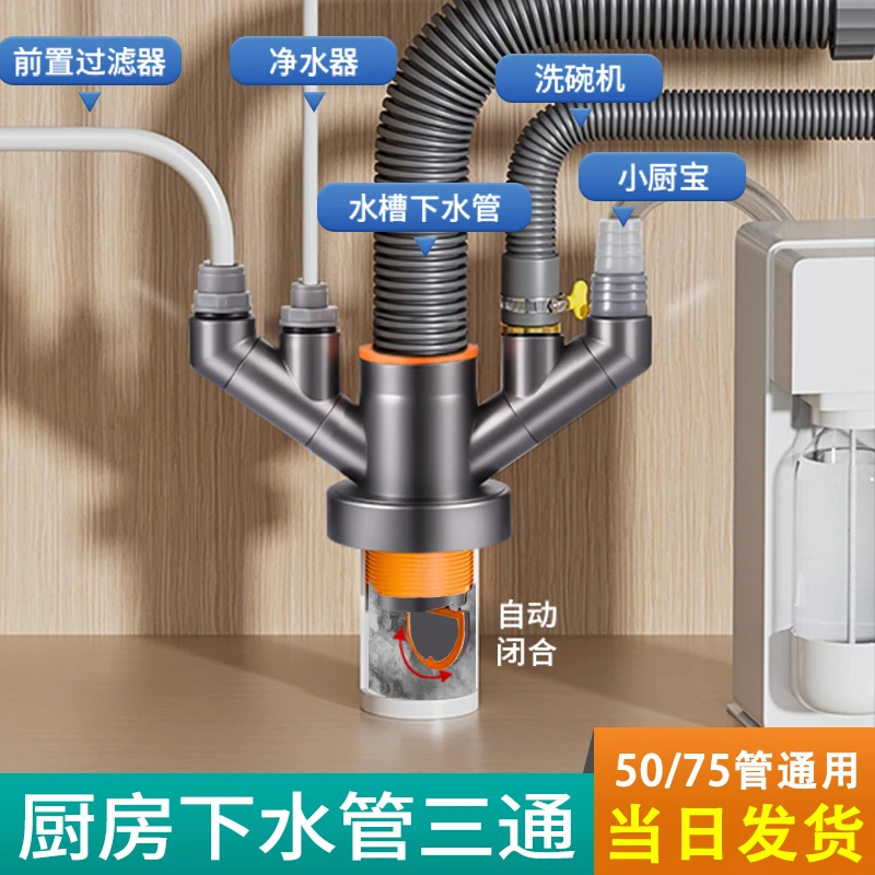 厨房下水管道三通洗菜盆水槽防臭神器洗碗机净水器多功能排水接头