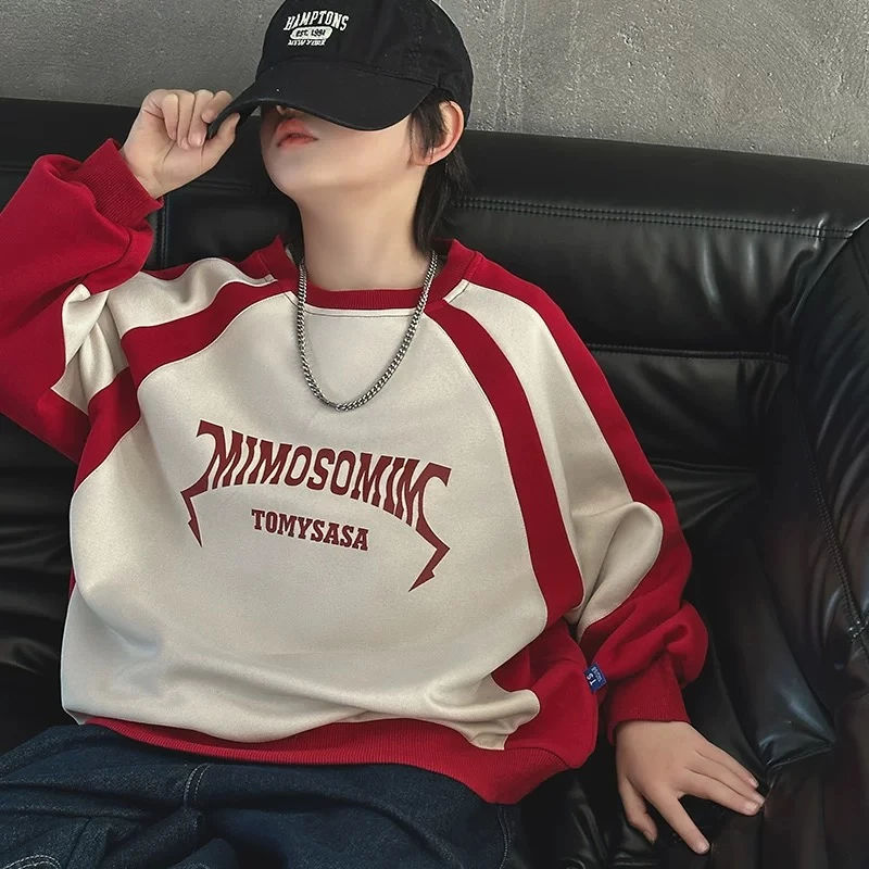 儿童秋装2024春秋新款男童中大童红色套头卫衣休闲宽松韩版