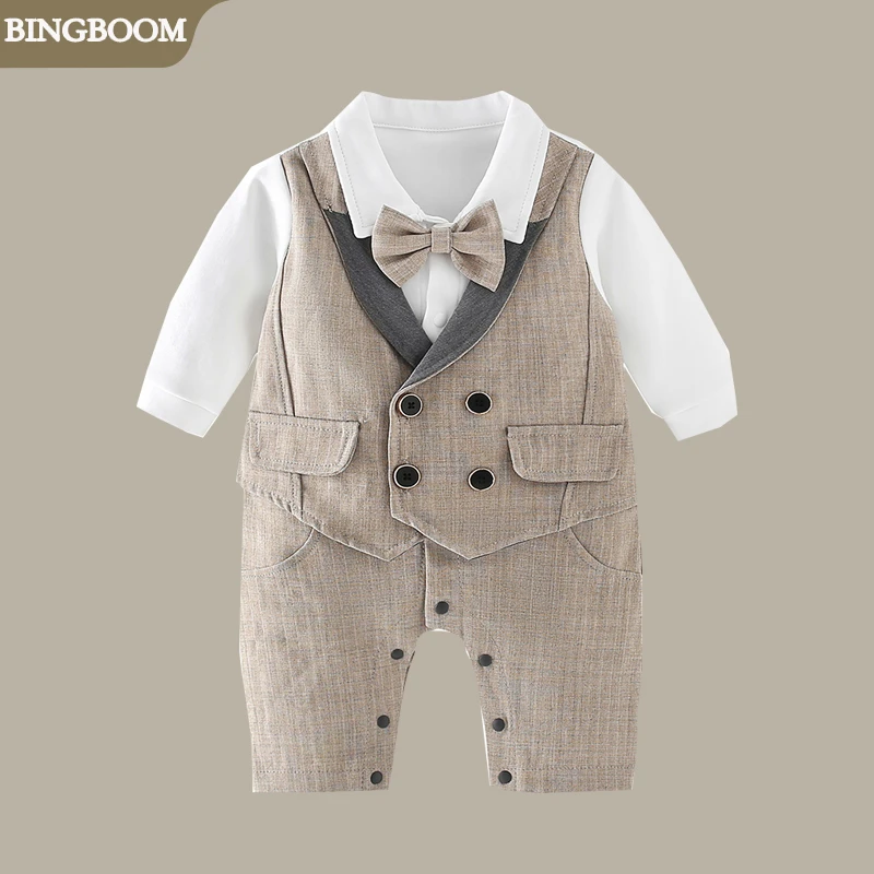 满月婴儿衣服英伦秋季男宝宝长袖连体衣百天周岁西装礼服帅气爬服