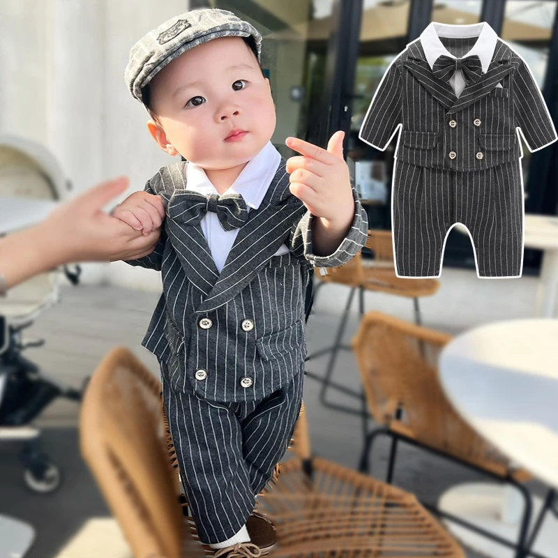 婴儿长袖衣服春季西装新生男宝宝绅士连体衣满月百天周岁生日礼服