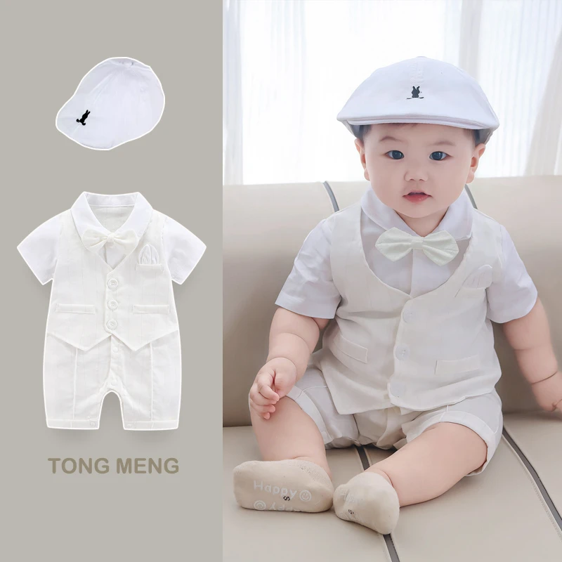 婴儿衣服夏季男宝宝满月百天绅士连体衣生日礼服新生儿哈衣爬服薄