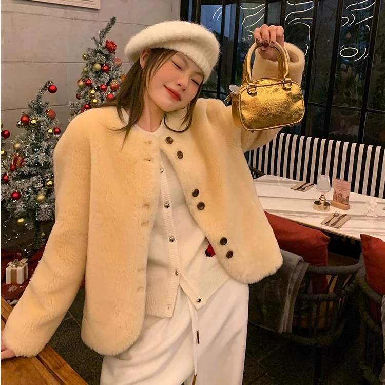 【雪顶泡芙】秋冬新款小鸡黄韩系百搭短款毛毛女装外套