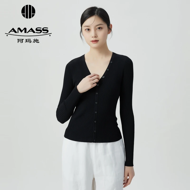 AMASS/阿玛施简约新款V领竖坑条显瘦长袖气质长袖针织开衫5499209