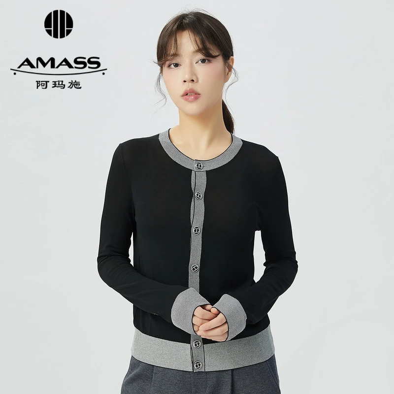 AMASS/阿玛施新款休闲时尚小香风拼接针织长袖针织开衫女5499212-