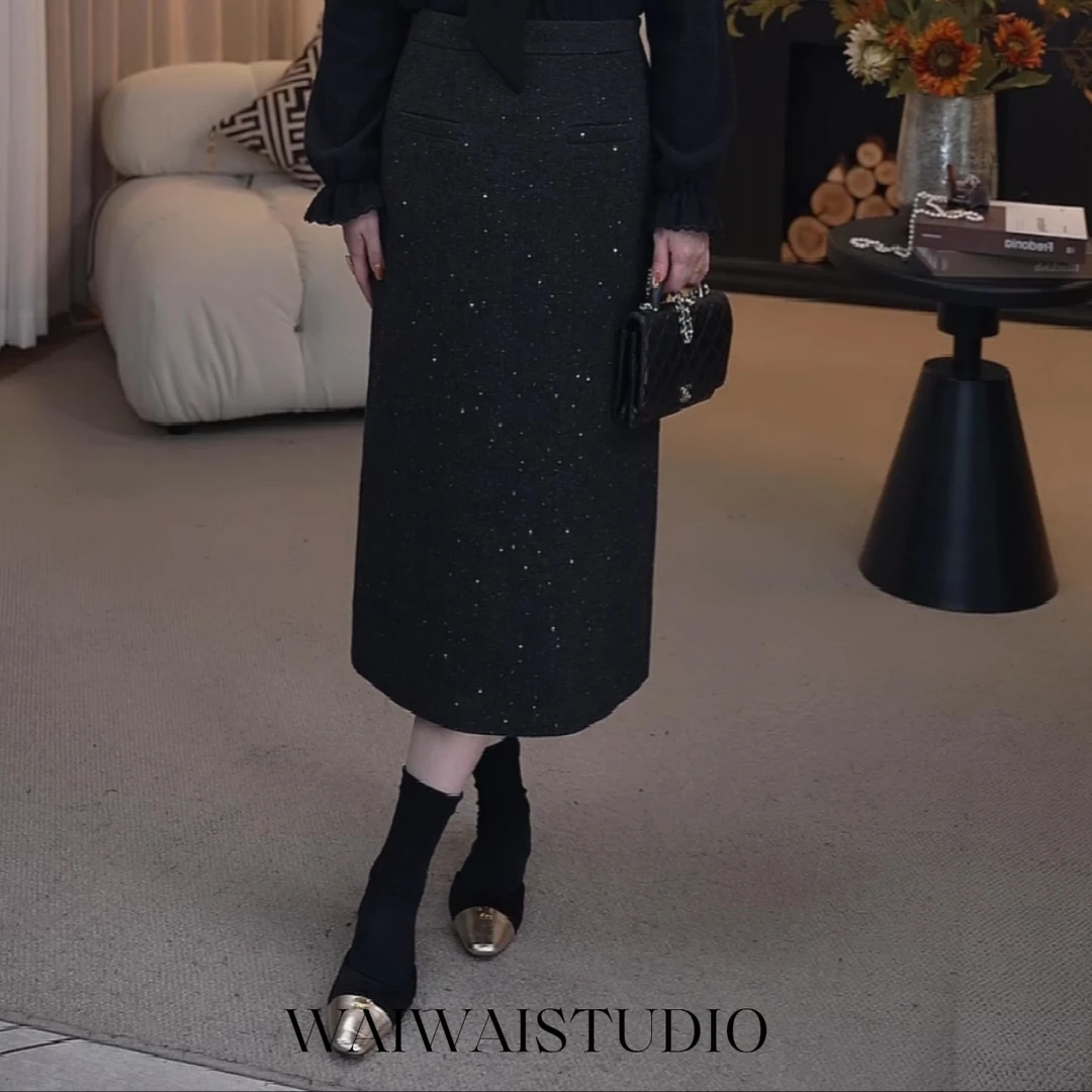 【流光裙】 24A365 新款高奢百搭气质闪片高含毛量直身裙