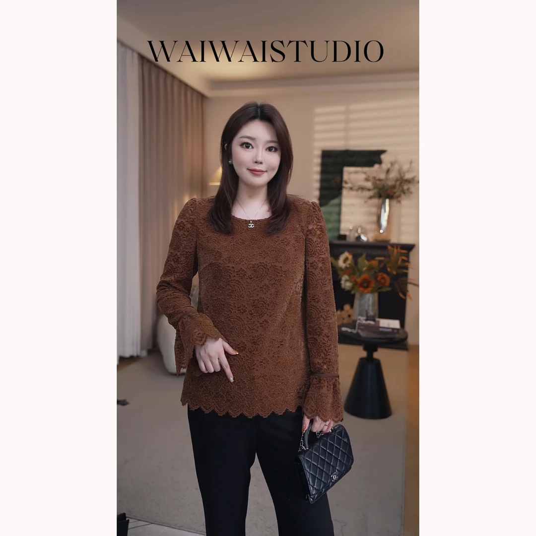 【柏林秋叶】 24A257 新款气质绒感蕾丝百搭优雅上衣