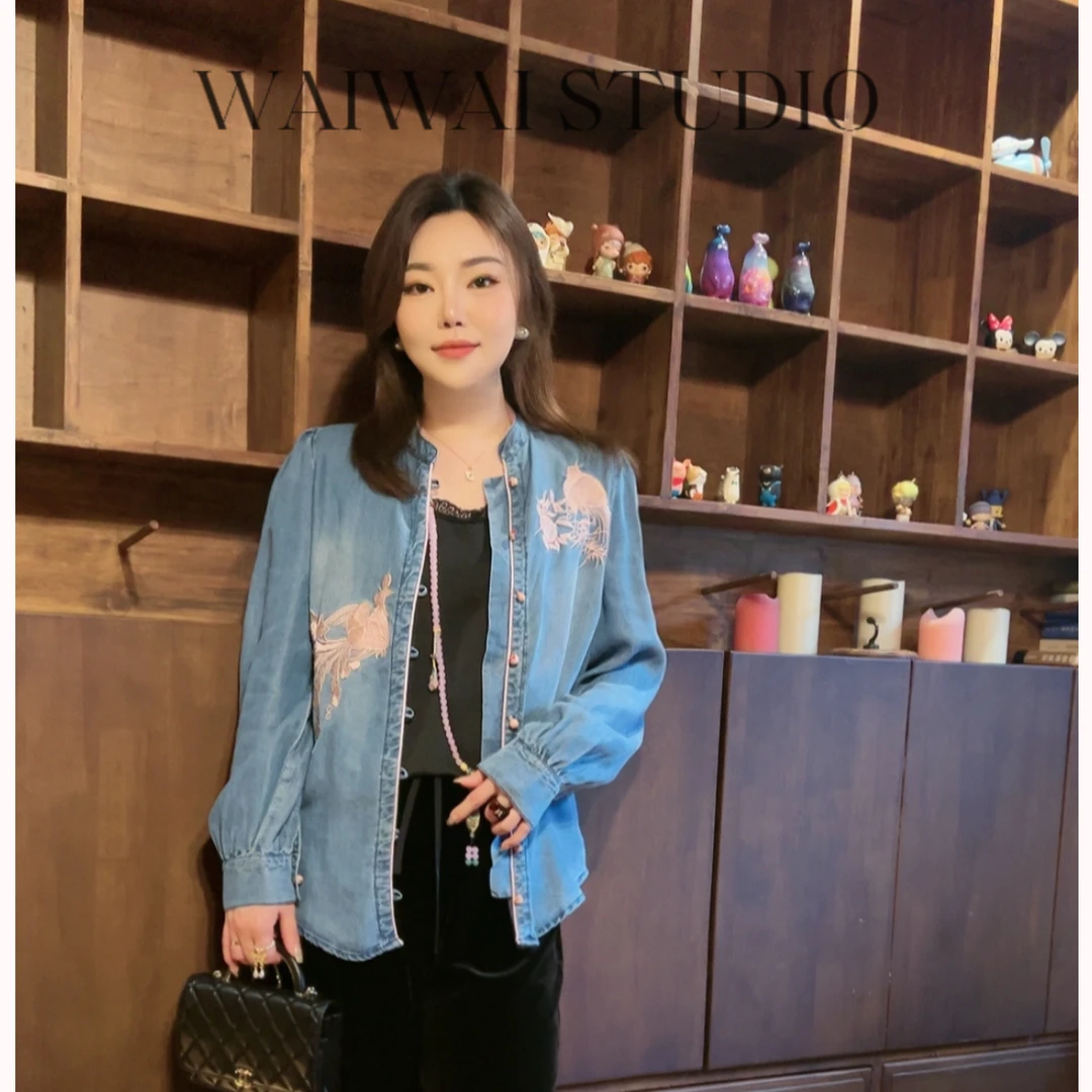 【锦书】 秋季新款重工轻奢万针刺绣新中式莱赛尔牛仔衬衫 25652