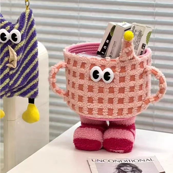 粉色可爱小怪兽收纳筐台面整理篮多巴胺网红创意棉绳桌面储物摆件