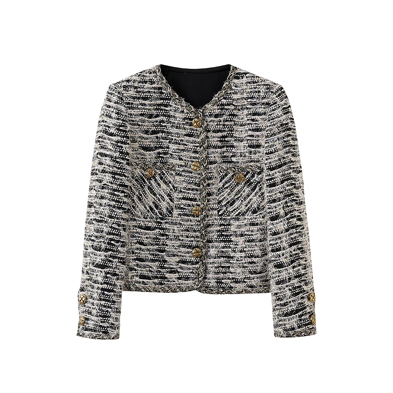 【鹤羽】 灰调雅丹埋金特纱线小香风外套 专机 高端时尚-7055