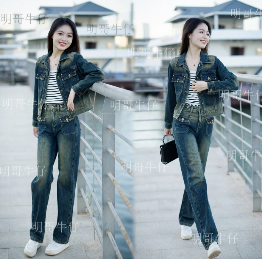 明哥牛仔原创怀旧复古蓝深色做旧铆钉可调腰头修身牛仔套装803