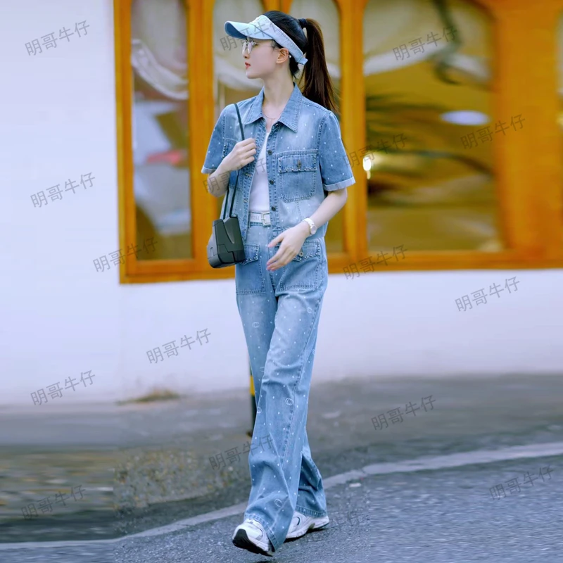 【明哥原创设计】夏款印花小波点牛仔套装气质洋气时尚短袖235868