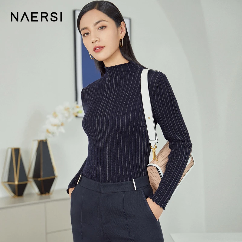 NAERSI/娜尔思条纹半高领亮丝针织衫时尚圆领百搭毛衣NZ01422Q7