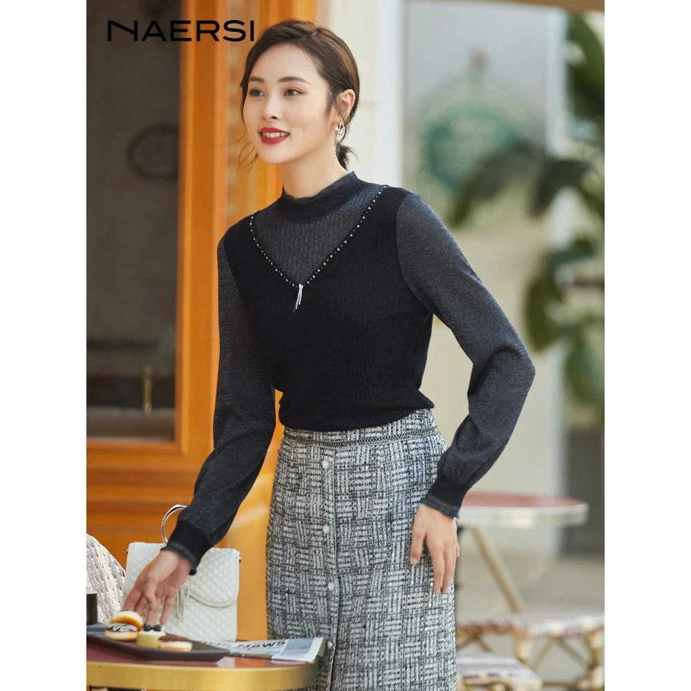 NAERSI娜尔思气质名媛亮丝针织衫女秋冬新款长袖上衣NZ01993Q7