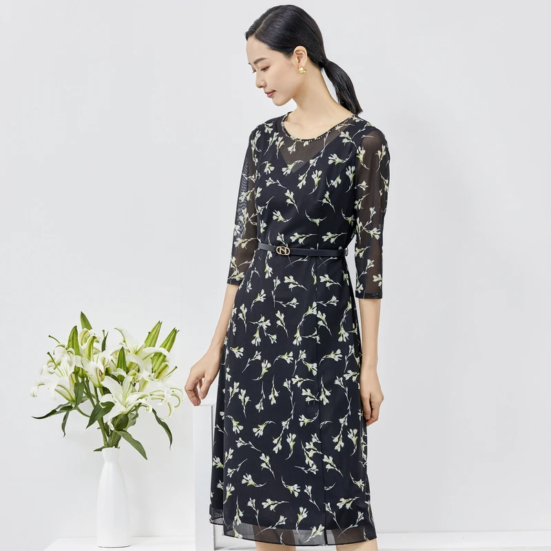 【C】娜尔思黑色碎花圆领七分袖轻奢高贵女连衣裙春秋新款NF08458W0