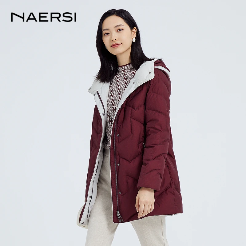 NAERSI娜尔思一手长连帽鸭绒减龄冬季保暖羽绒服女外套NR00351A4