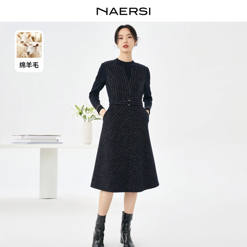 娜尔思绵羊毛气质长袖针织修身优雅秋冬提花女装连衣裙NF08235Q7