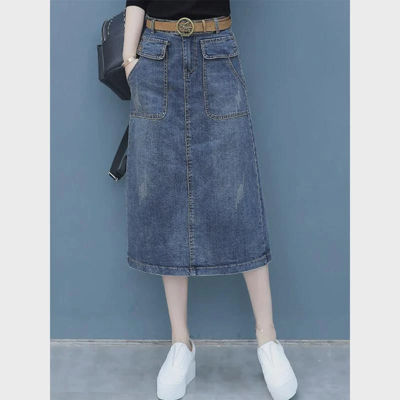 高腰牛仔裙女中长款一步裙2024新款春秋季大码宽松a字裙半身裙子