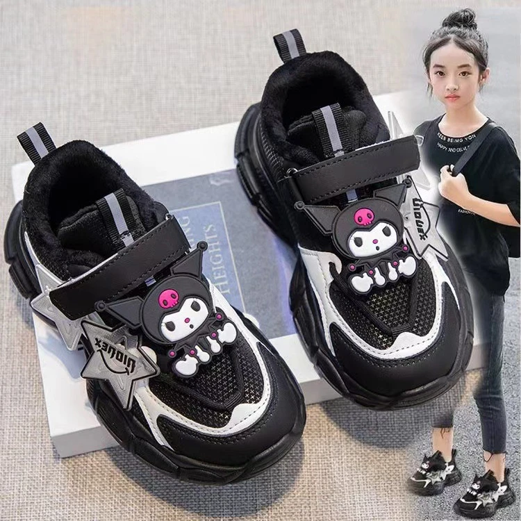 库洛米女童鞋2025春秋新款皮面防水黑色儿童运动鞋网红女孩老爹鞋