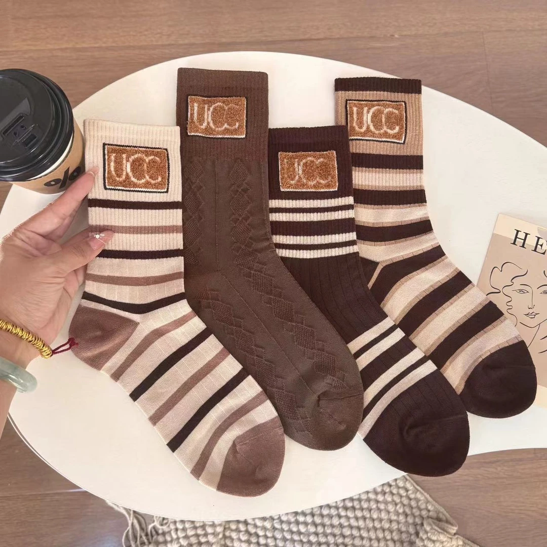 秋冬高端条纹羽毛纱中高筒袜子秋冬植绒饰袜百搭女袜ins潮袜