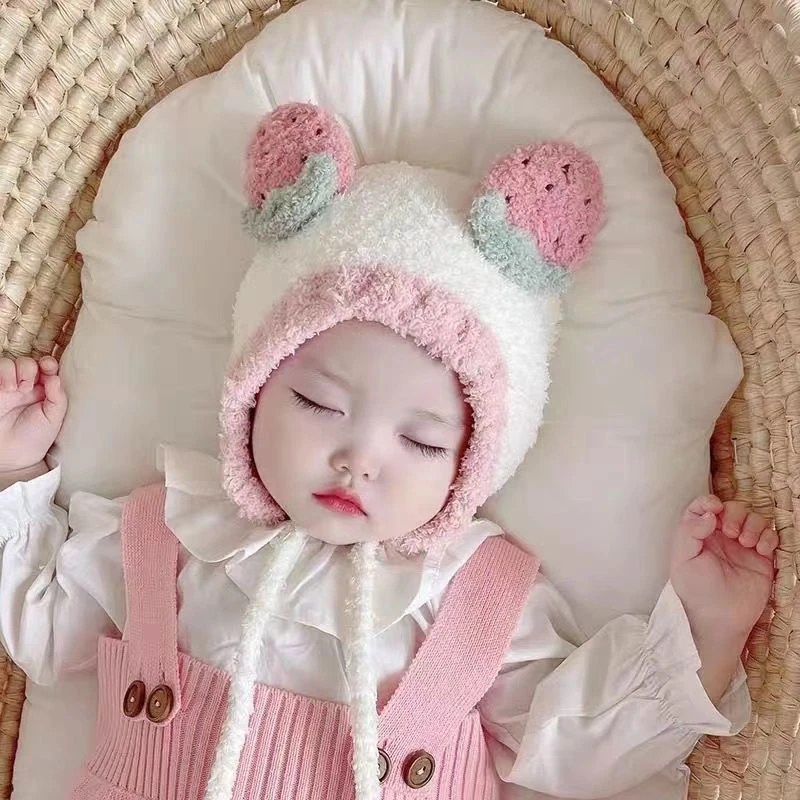 婴儿帽子水果草莓珊瑚绒保暖护耳帽宝宝帽子新款秋冬男女童套头针