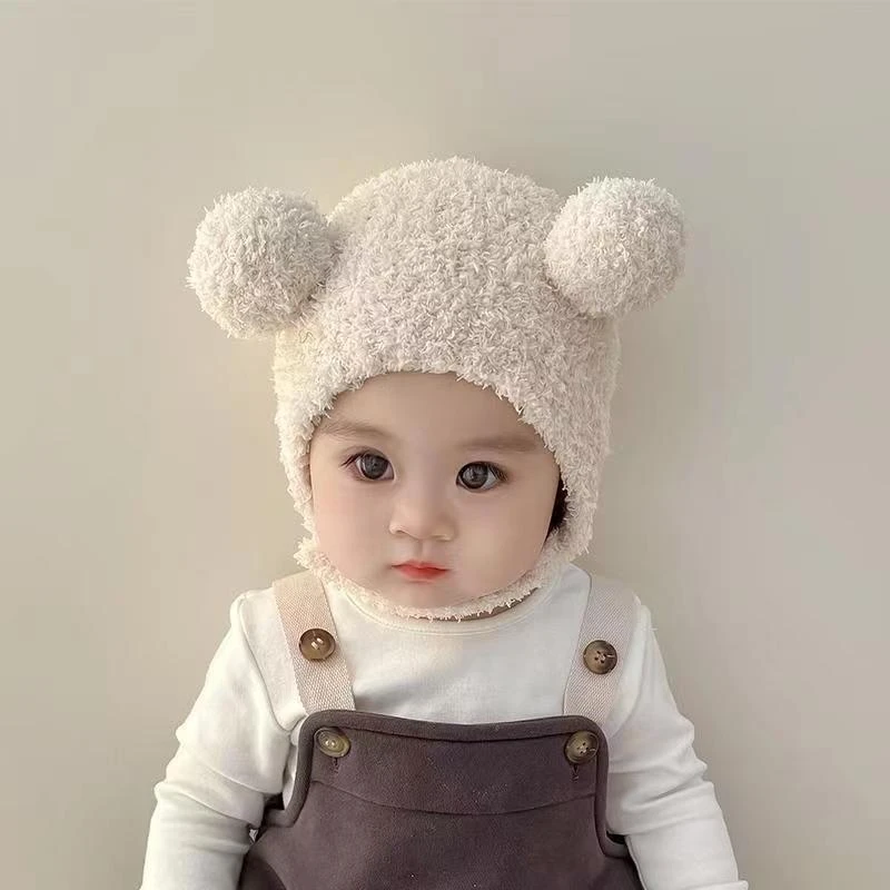 韩版ins秋冬新款宝宝护耳帽保暖防寒帽舒适婴儿双球软糯包头帽潮