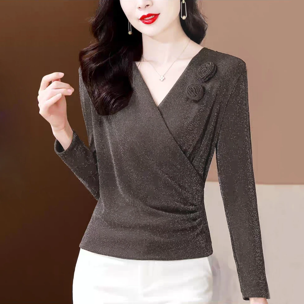 秋季新品V领洋气时尚百搭气质减龄褶皱打底衫女士亮丝长袖t恤上衣