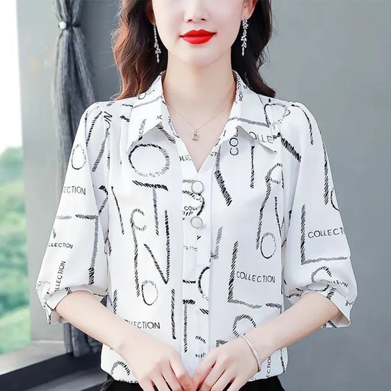 高档七分袖衬衫春夏新款洋气韩版中年百搭上衣减龄遮肚薄款小衫女
