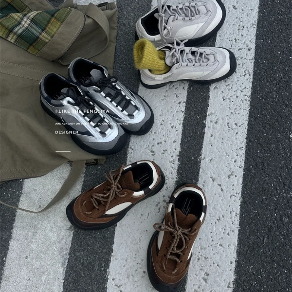 2024秋季上新款真皮小众时尚舒适百搭登山鞋厚底增高透气运动鞋女