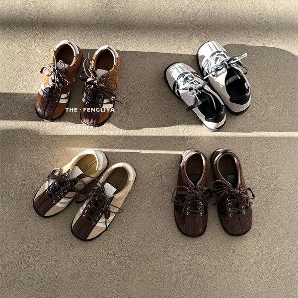 严选真皮马毛平底复古秋季拼色单鞋系带板鞋休闲德训鞋女阿甘鞋
