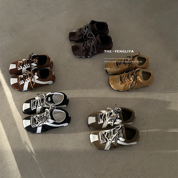 严选真皮方头斑马鞋2024秋季新款时尚百搭双色鞋带运动德训鞋女