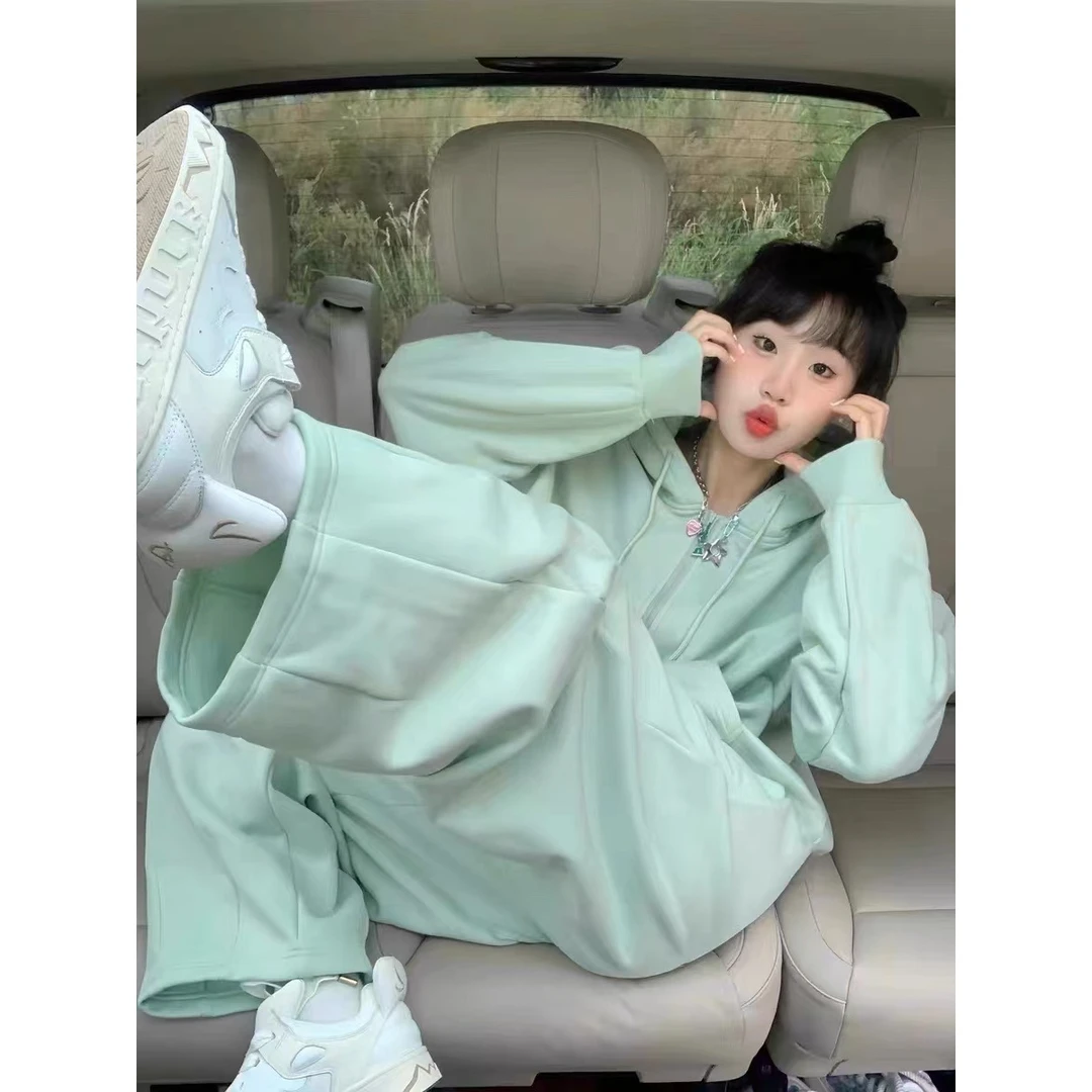 薄荷绿运动服套装女春秋季宽松韩版学生外套卫衣休闲两件套阔腿裤