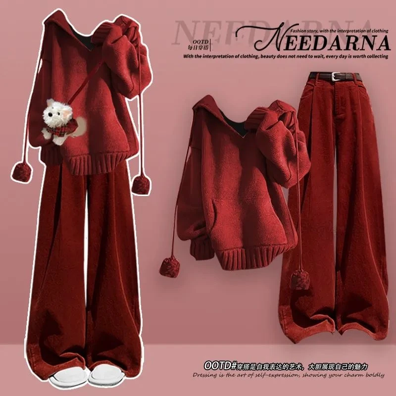 圣诞新年学院风针织毛衣一整套入冬穿搭韩系高级感休闲红色套装裤