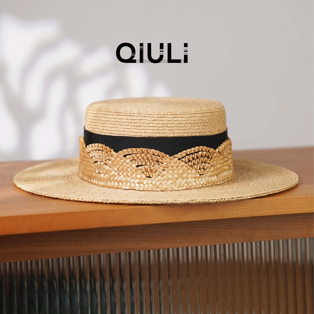 原色圆顶带麦秆织带拉菲草编织平檐防晒遮阳草帽 1c761
