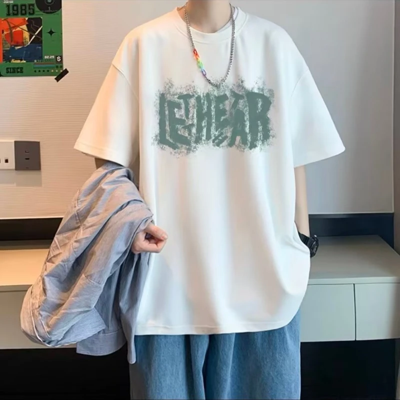 笙巡短袖t恤男夏季新款休闲百搭宽松潮牌纯棉字母重磅宽松上衣服