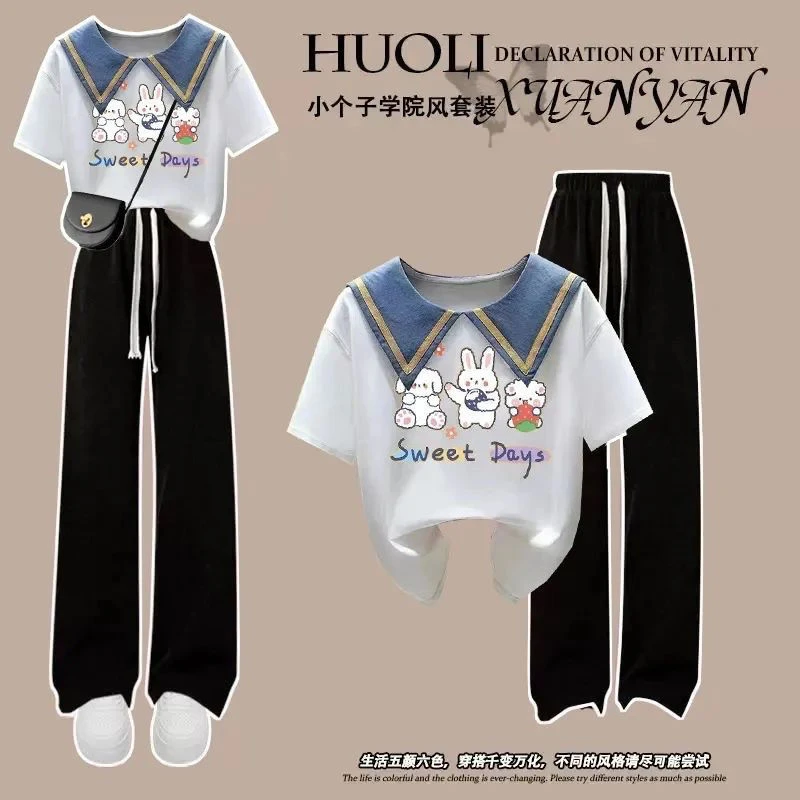 女童2025夏季新款中大童套装宽松学院风娃娃领T恤+阔腿裤两件套