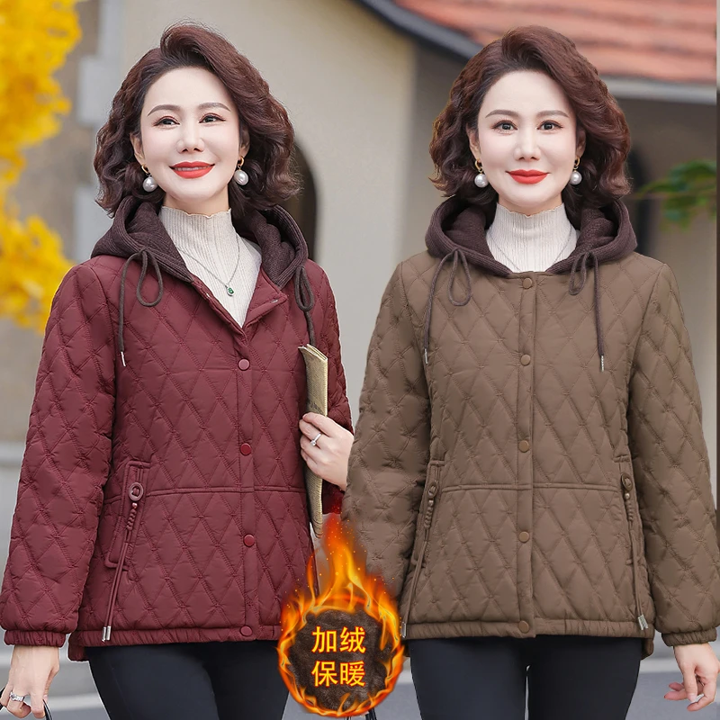 9186妈妈秋冬新服中长款加绒加厚中老年女新衣外套连帽新款时尚冬