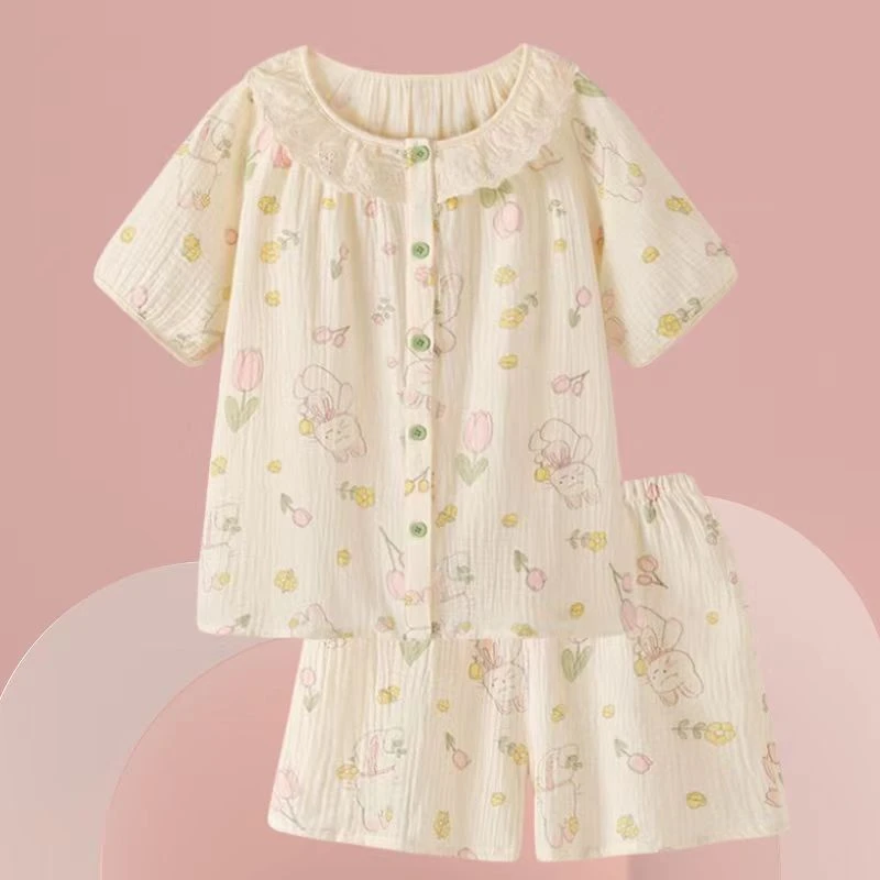 夏季纯棉纱布睡衣短袖短裤女开衫薄款透气双层棉婴儿棉家居服套装