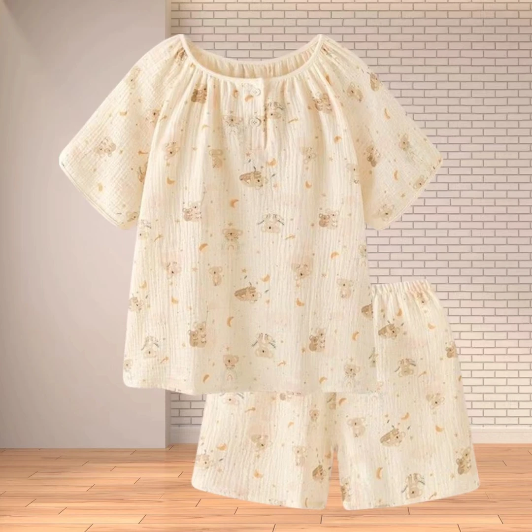 夏季纯棉纱布睡衣女短袖短裤套装双层婴儿棉薄款夏甜美透气家居服