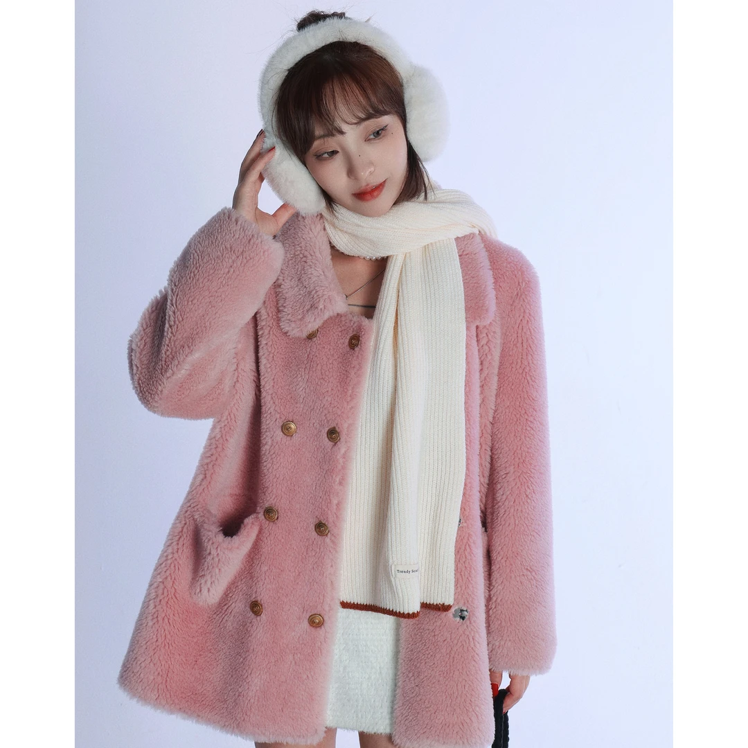 cosheng重生小个子2023秋冬新款粉色时尚羊毛外套女气质复古1039