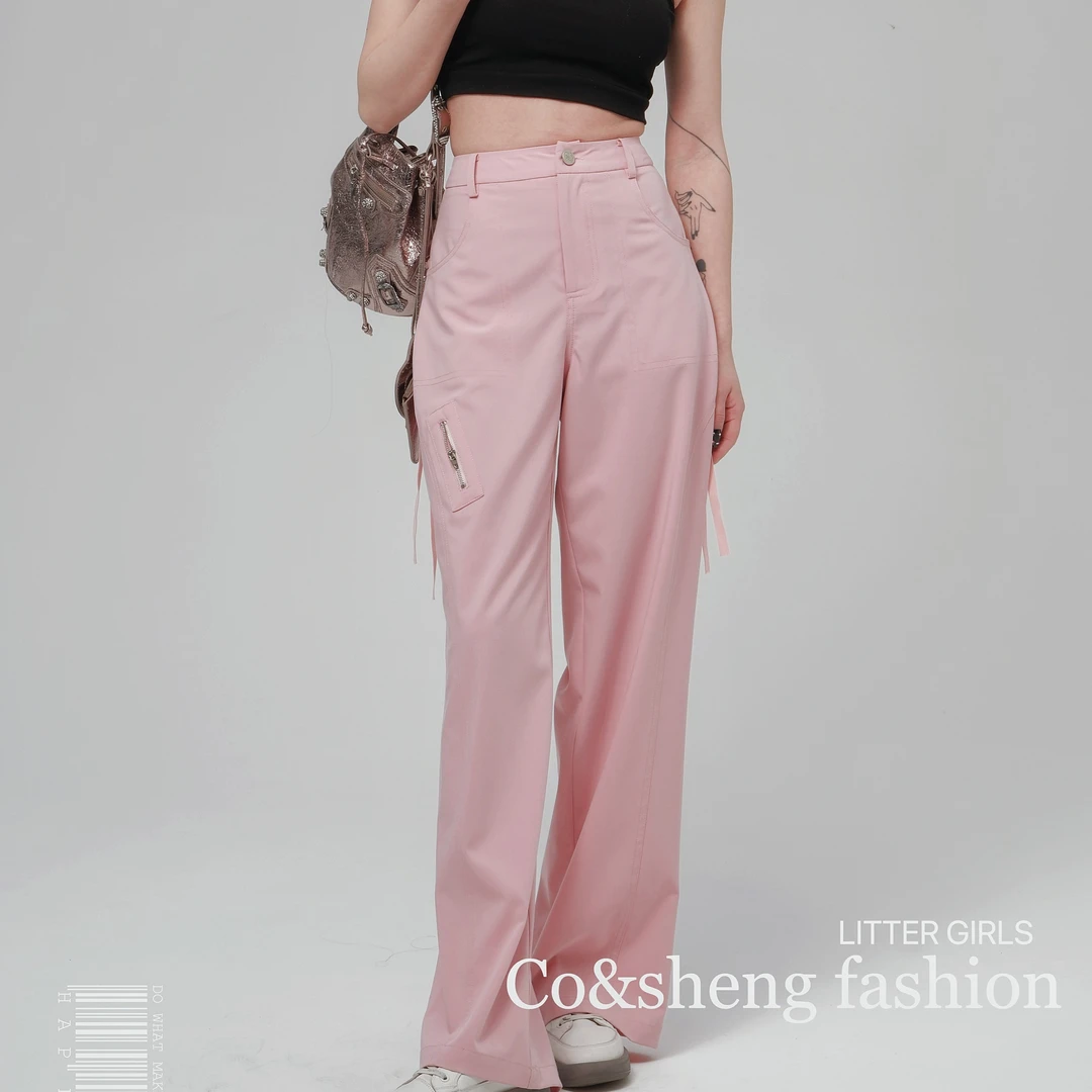 CO&SHENG小个子150粉夏季女装质感显瘦休闲工装裤宽松时尚高腰