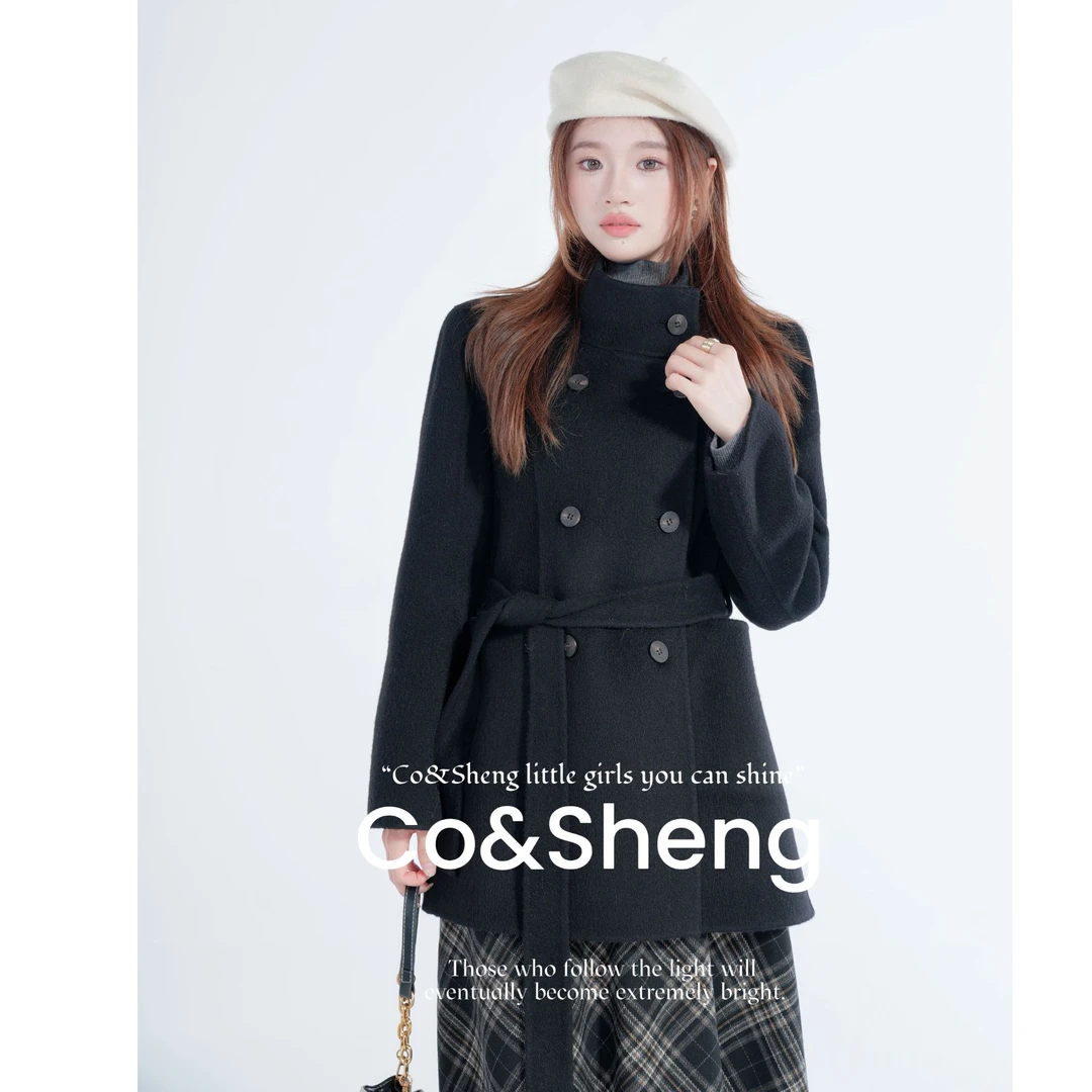 co&sheng小个子定制24秋冬新款双面毛呢外套黑色气质优雅赫本风