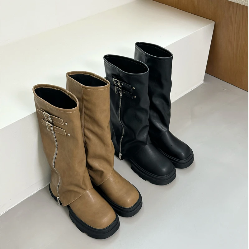 复古厚底2024新款秋冬英伦风皮带扣长筒靴不过膝马丁靴AG1278-12