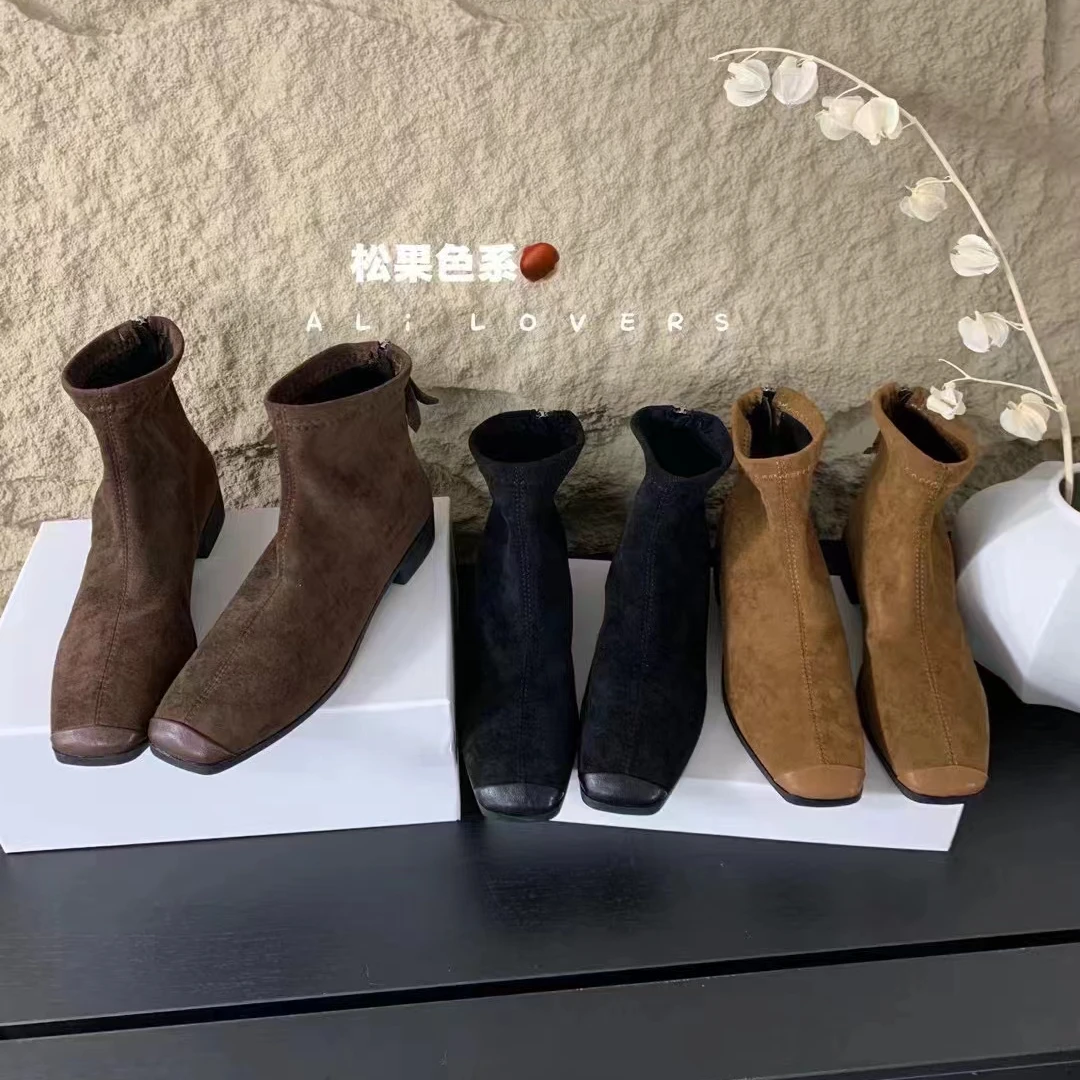 磨砂拼接百搭短靴女2024秋冬新款外穿舒适中跟方头短筒瘦瘦靴9361