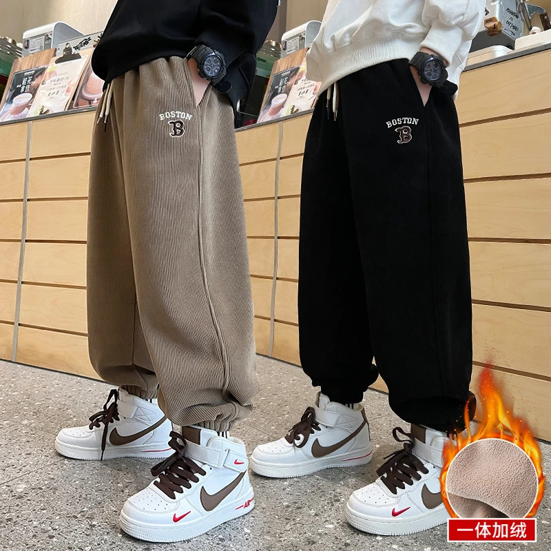 男童一体加绒裤子冬季加厚儿童运动裤2023新款中大童卫裤宽松休闲